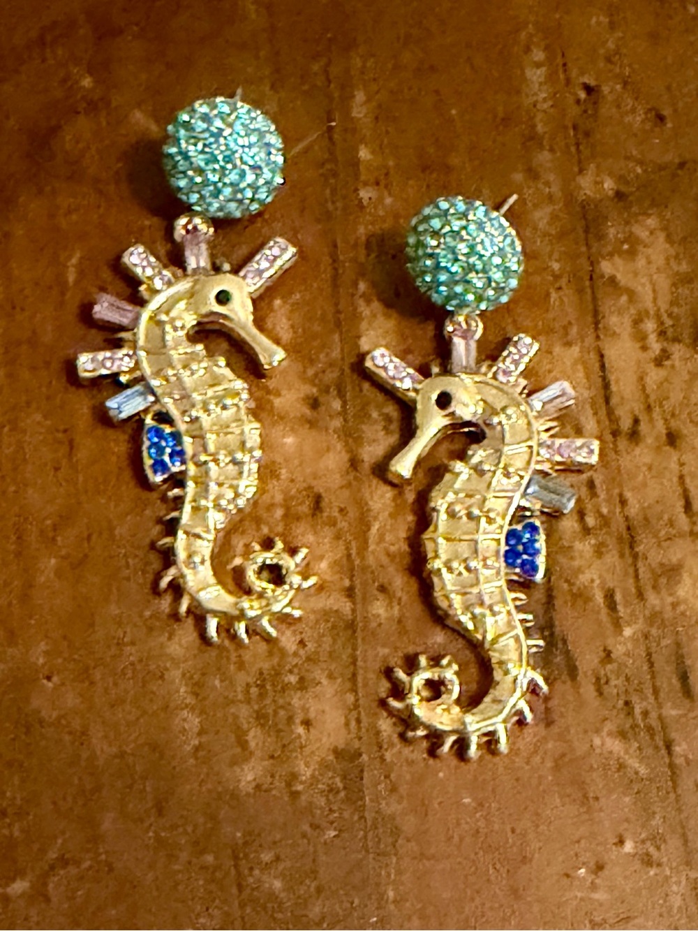 BaubleBar Gold Seahorse Drop Earrings with Aqua Crystal Studs